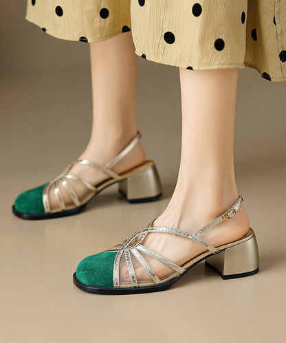 French Green Hollow Out Tulle Splicing Chunky Heel Sandals XC1040