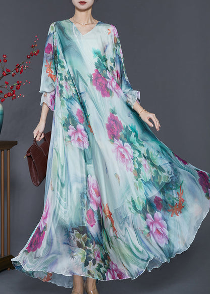 Französisches grünes übergroßes Batik-Chiffon-Ferienkleid Frühling SD1062