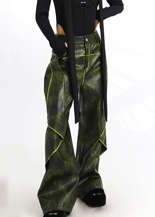 French Green Pockets High Waist Faux Leather Pants Spring AS1011 Ada Fashion