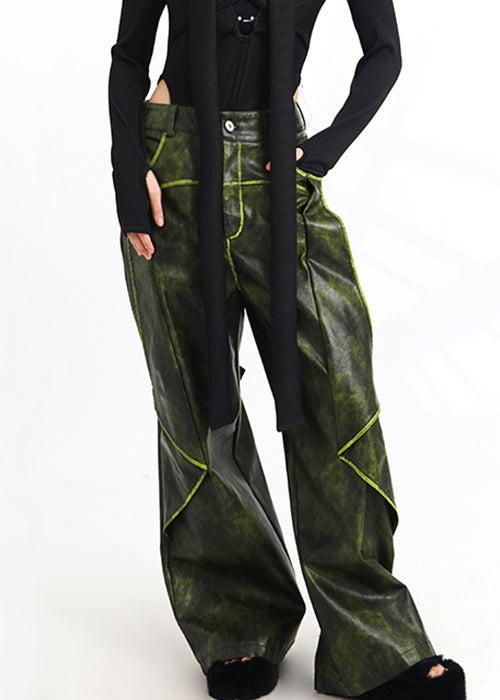 French Green Pockets High Waist Faux Leather Pants Spring AS1011 Ada Fashion