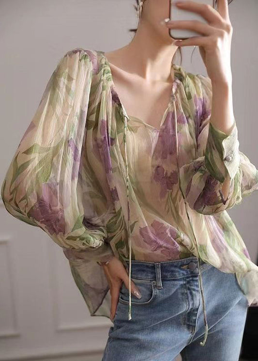 French Green Print Lace Up Chiffon Blouse Long Sleeve OP1031
