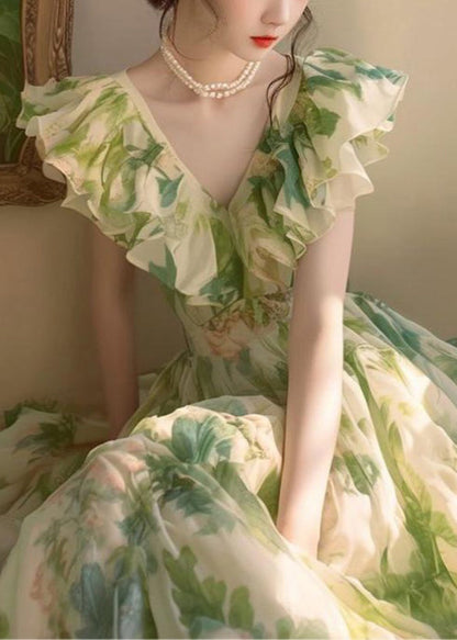 French Green Ruffled Print Chiffon Holiday Dress Summer ZL081