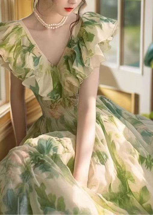 Robe de vacances en mousseline de soie à imprimé vert français à volants été ZL081