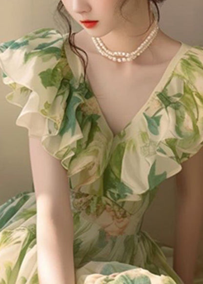 French Green Ruffled Print Chiffon Holiday Dress Summer ZL081