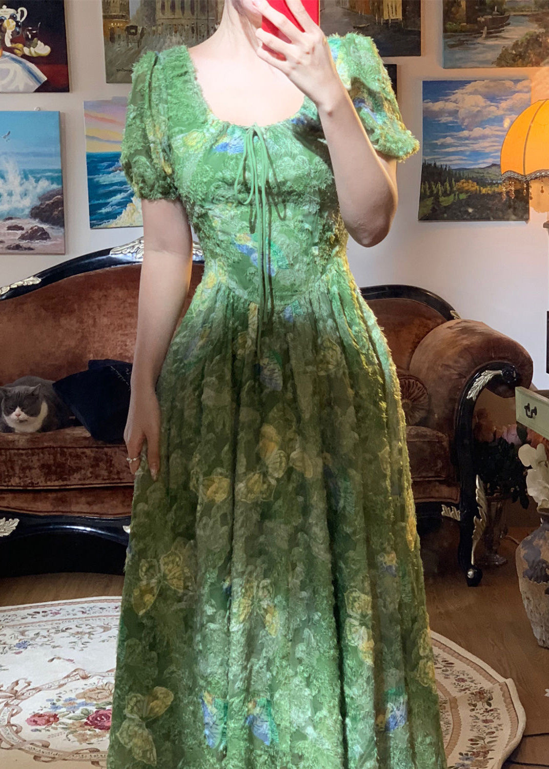 Robe d'été à imprimé papillons et col carré vert français ZL042