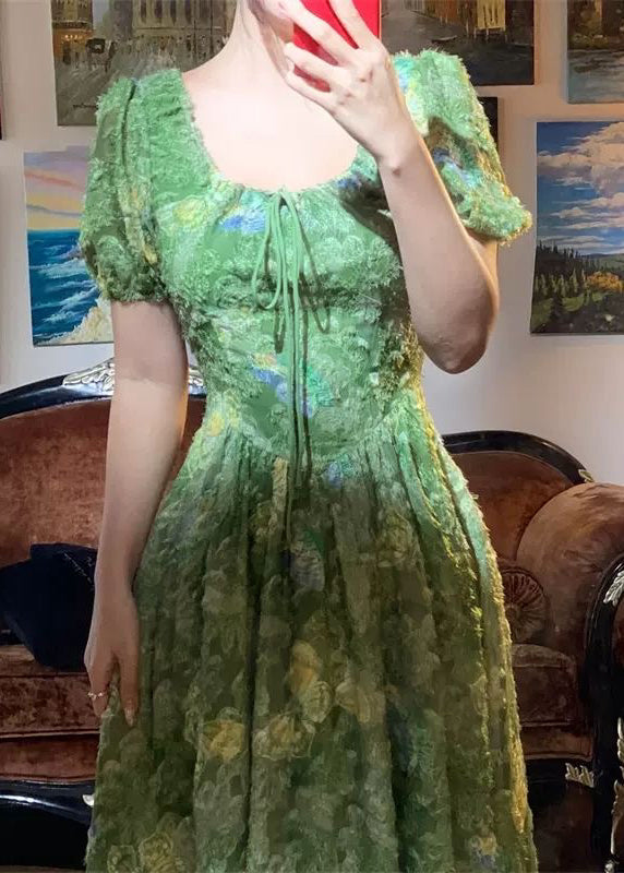 Robe d'été à imprimé papillons et col carré vert français ZL042