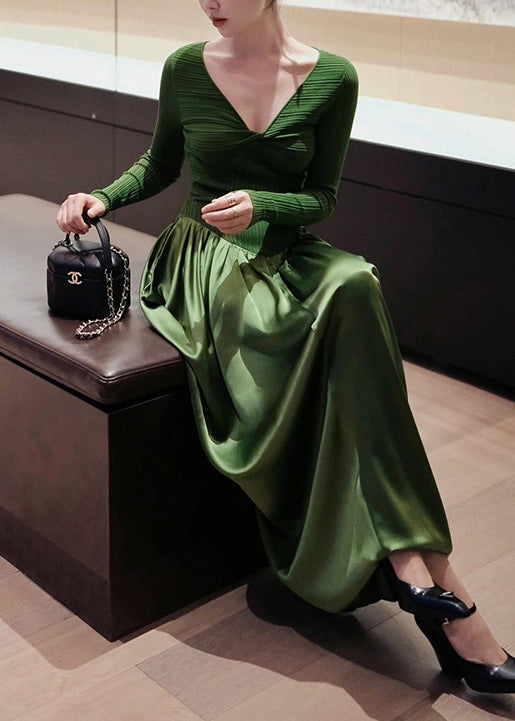 French Green V Neck High Waist Patchwork Knit Dresses Long Sleeve Ada Fashion