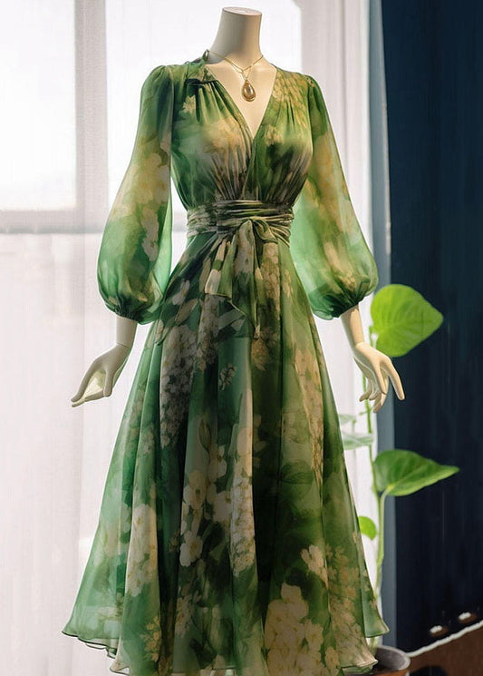 Robe en mousseline de soie taille haute à imprimé vert français et col en V à manches longues KJ024