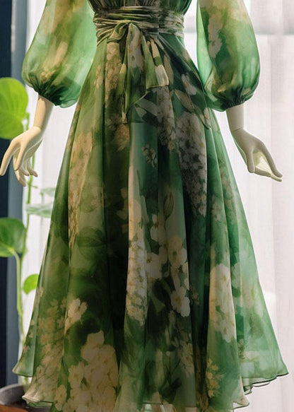 French Green V Neck Print High Waist Chiffon Dresses Long Sleeve KJ024