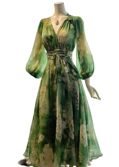 French Green V Neck Print High Waist Chiffon Dresses Long Sleeve KJ024