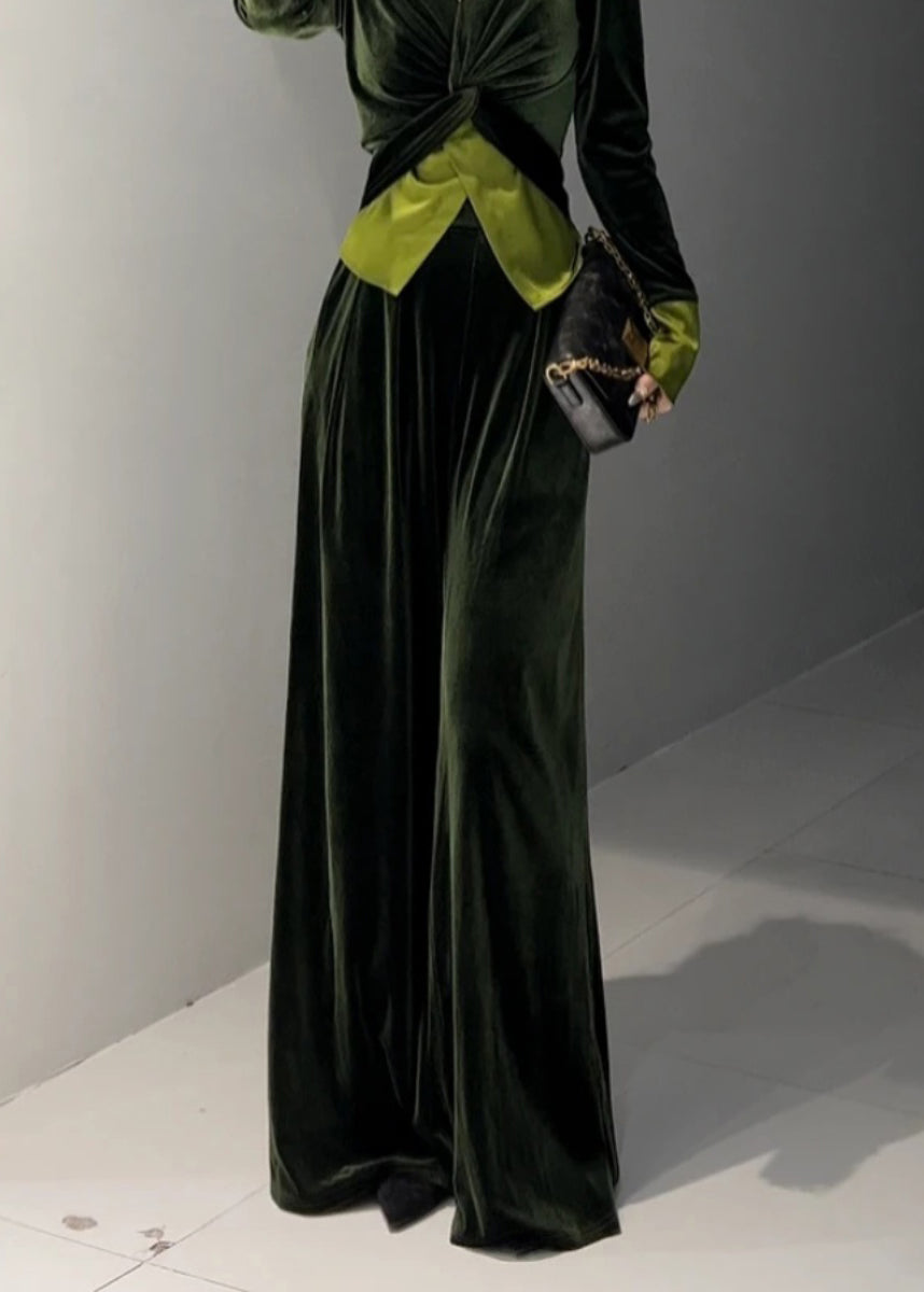 French Green V Neck Silk Velvet Two Pieces Set Spring TQ030