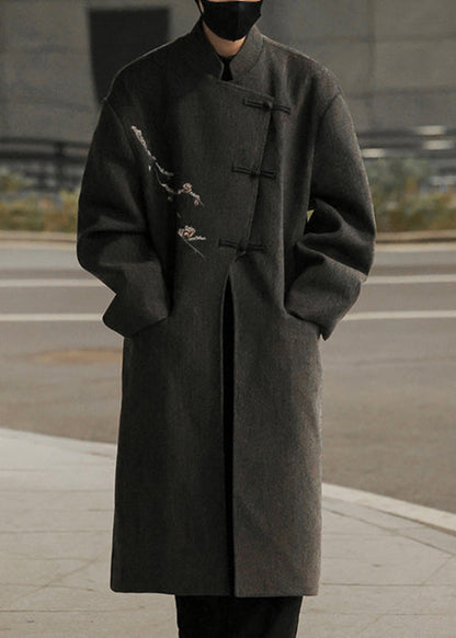 French Grey Embroideried Button Woolen Men Long Trench Coat Winter RO027