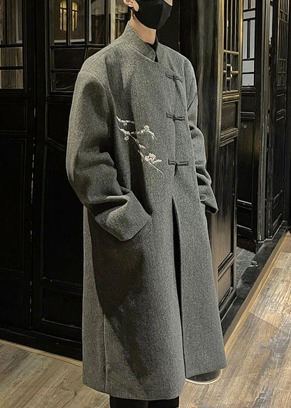 French Grey Embroideried Button Woolen Men Long Trench Coat Winter RO027