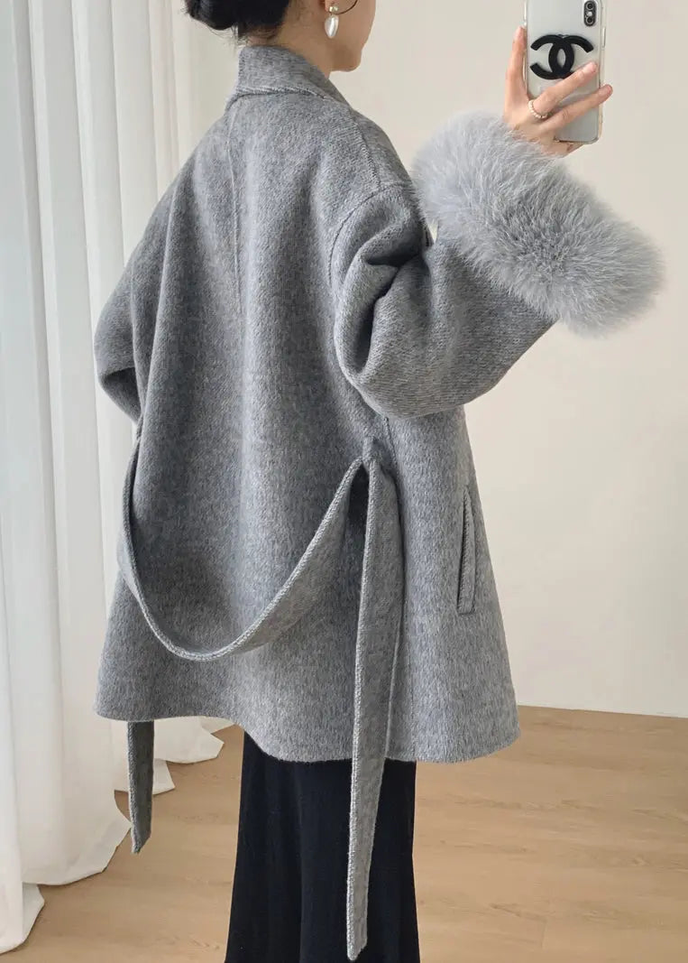 French Grey Fluffy Tie Waist Pockets Patchwork Wool Coat Winter Ada Fashion