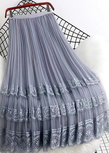 Jupe en tulle froissée en patchwork de dentelle grise française Printemps QQ1041