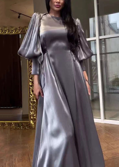 French Grey O-Neck Solid Silk Long Dresses Lantern Sleeve QL005