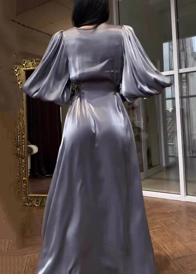 French Grey O-Neck Solid Silk Long Dresses Lantern Sleeve QL005