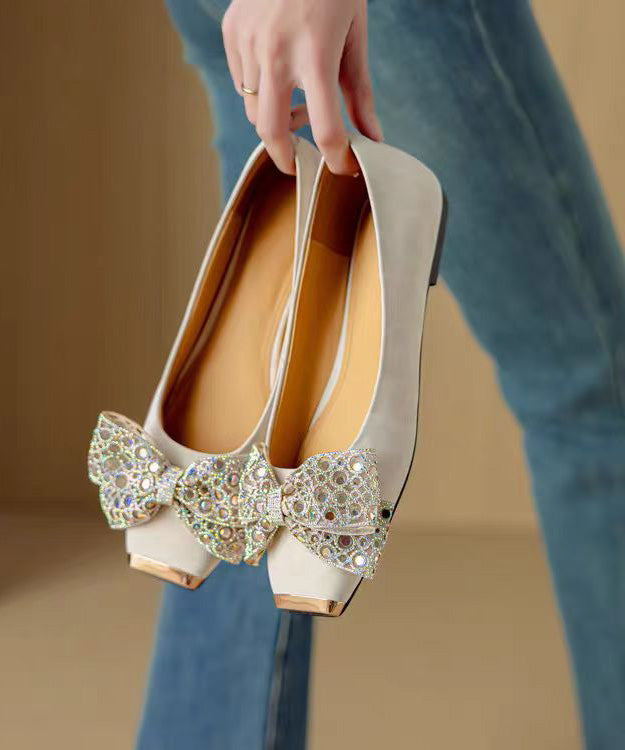 Shoes Splicing Suede Grey Women For Flat Zircon French Bow