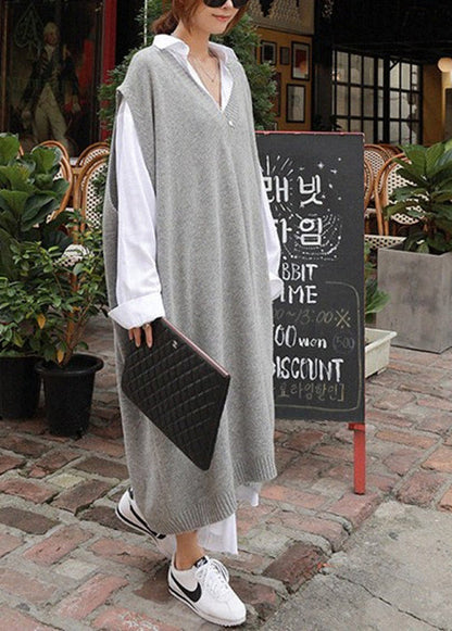 French Grey V Neck Long Knit Vest Sleeveless QR009