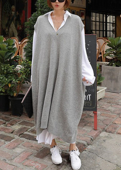 French Grey V Neck Long Knit Vest Sleeveless QR009