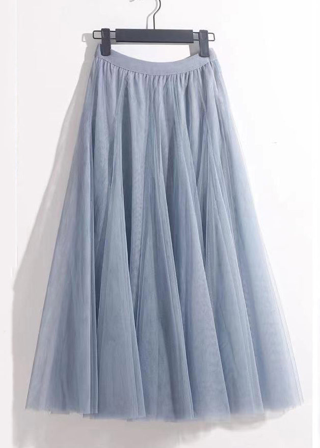 French Haze Blue Elastic Waist Tulle Pleated Skirt Summer Ada Fashion