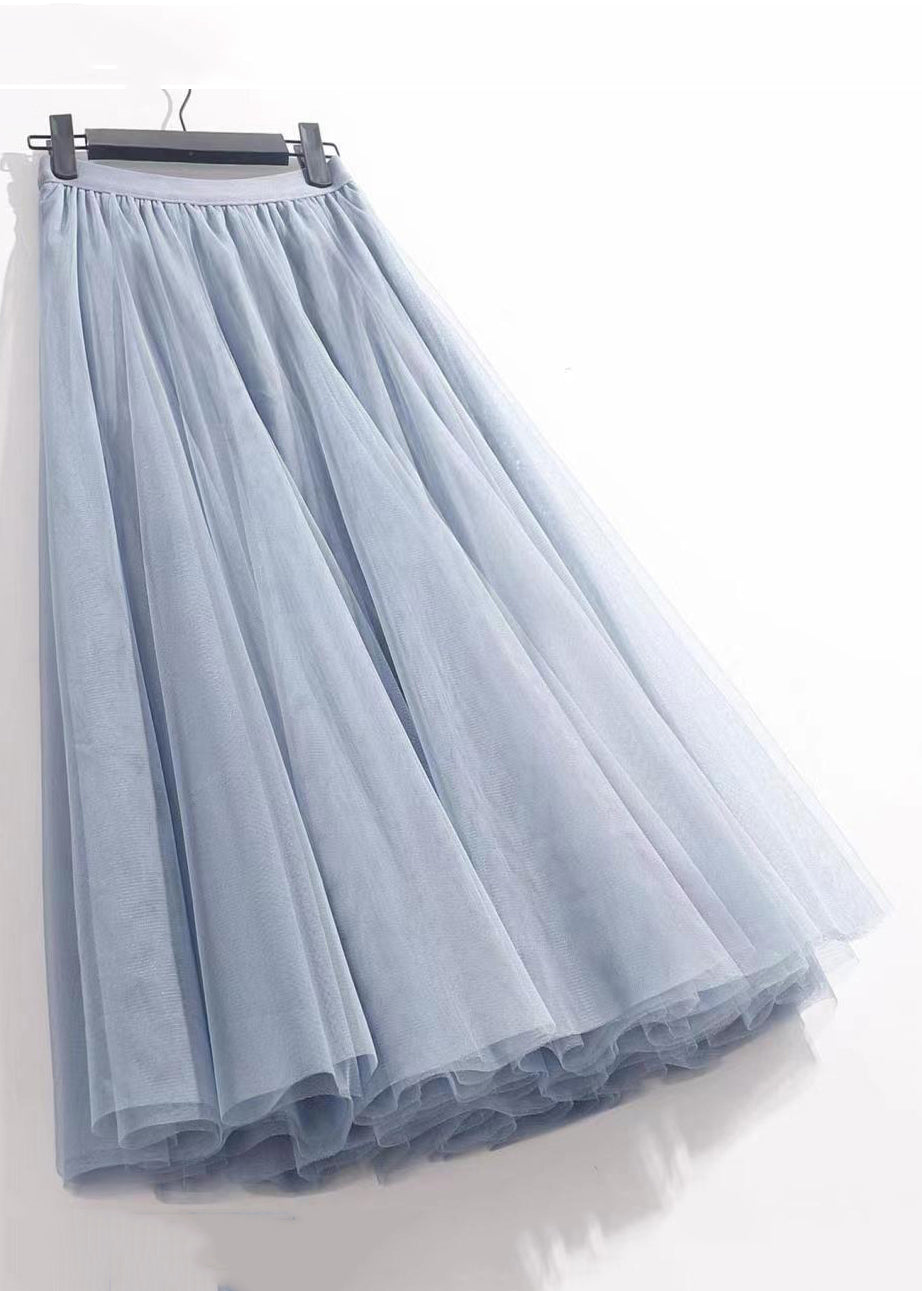 French Haze Blue Elastic Waist Tulle Pleated Skirt Summer Ada Fashion