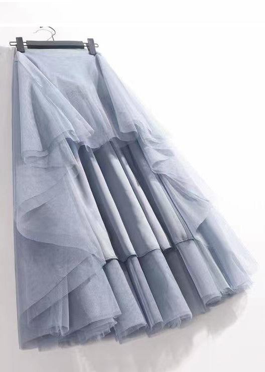 French Haze Blue Elastic Waist Tulle Pleated Skirt Summer Ada Fashion