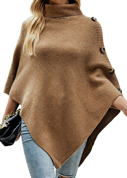 French Khaki Hign Neck Asymmetrical Knit Cape Fall QY029