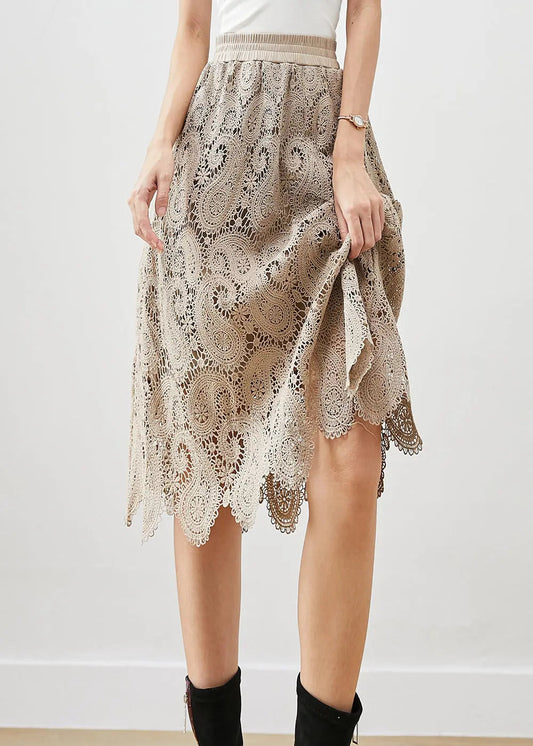 French Khaki Hollow Out Lace Skirts Fall Ada Fashion