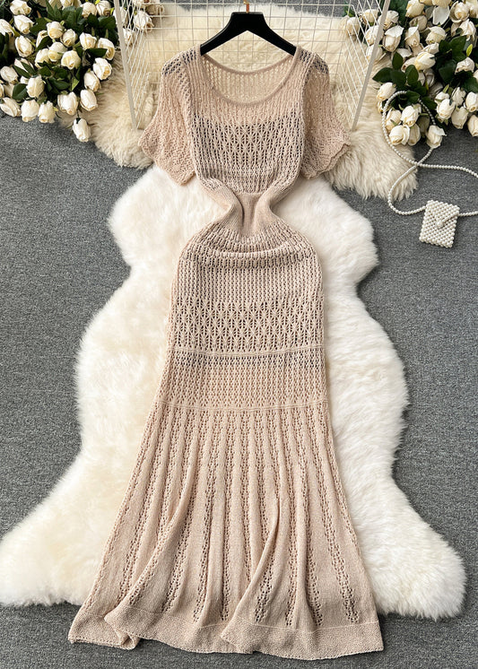 French Khaki O Neck Hollow Out Knit Two Pieces Set Summer TR047