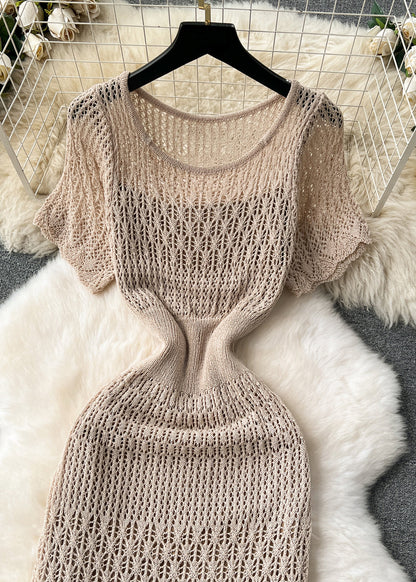 French Khaki O Neck Hollow Out Knit Two Pieces Set Summer TR047