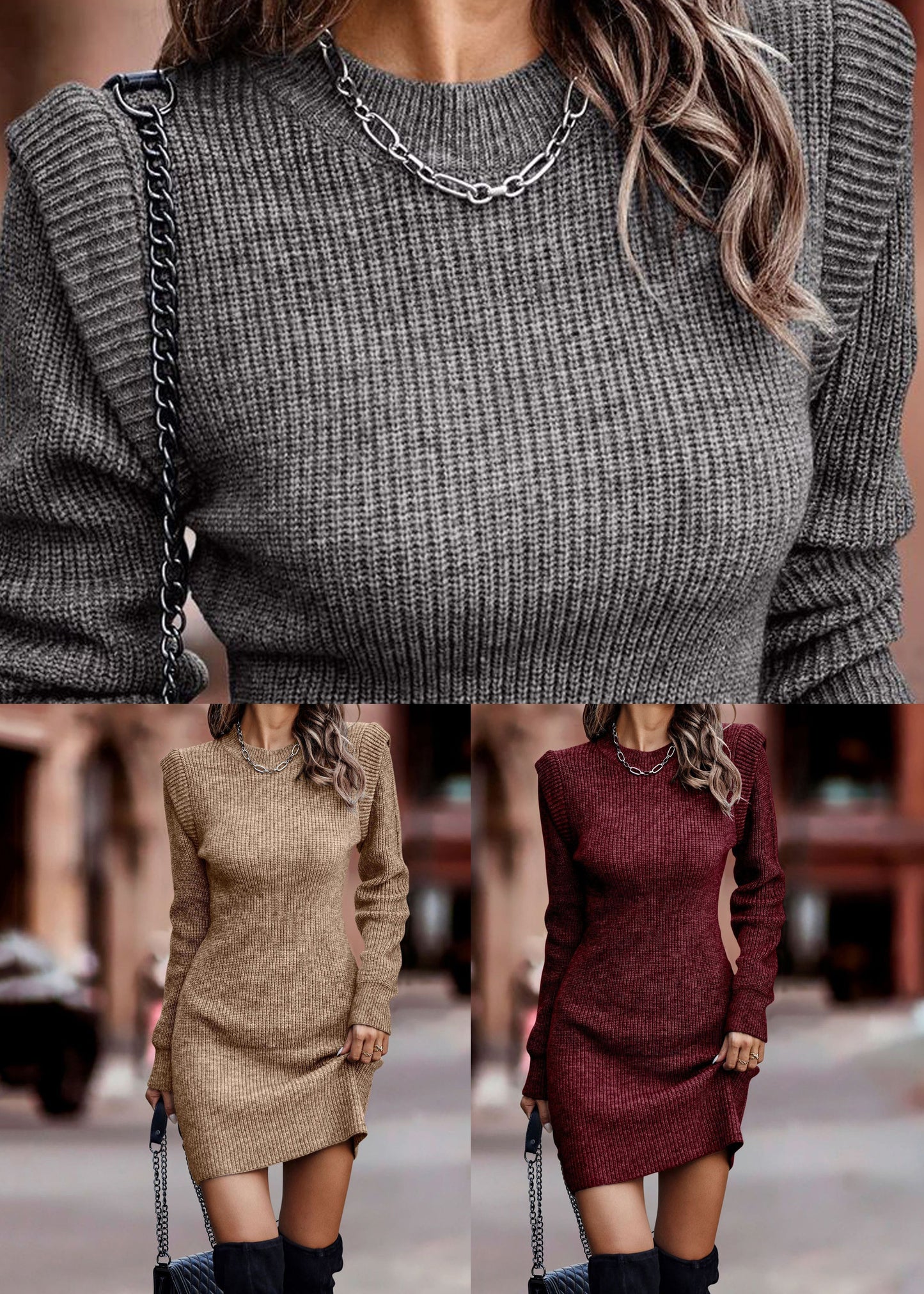 French Khaki O-Neck Patchwork Knit Sweaters Dresses Fall QA016