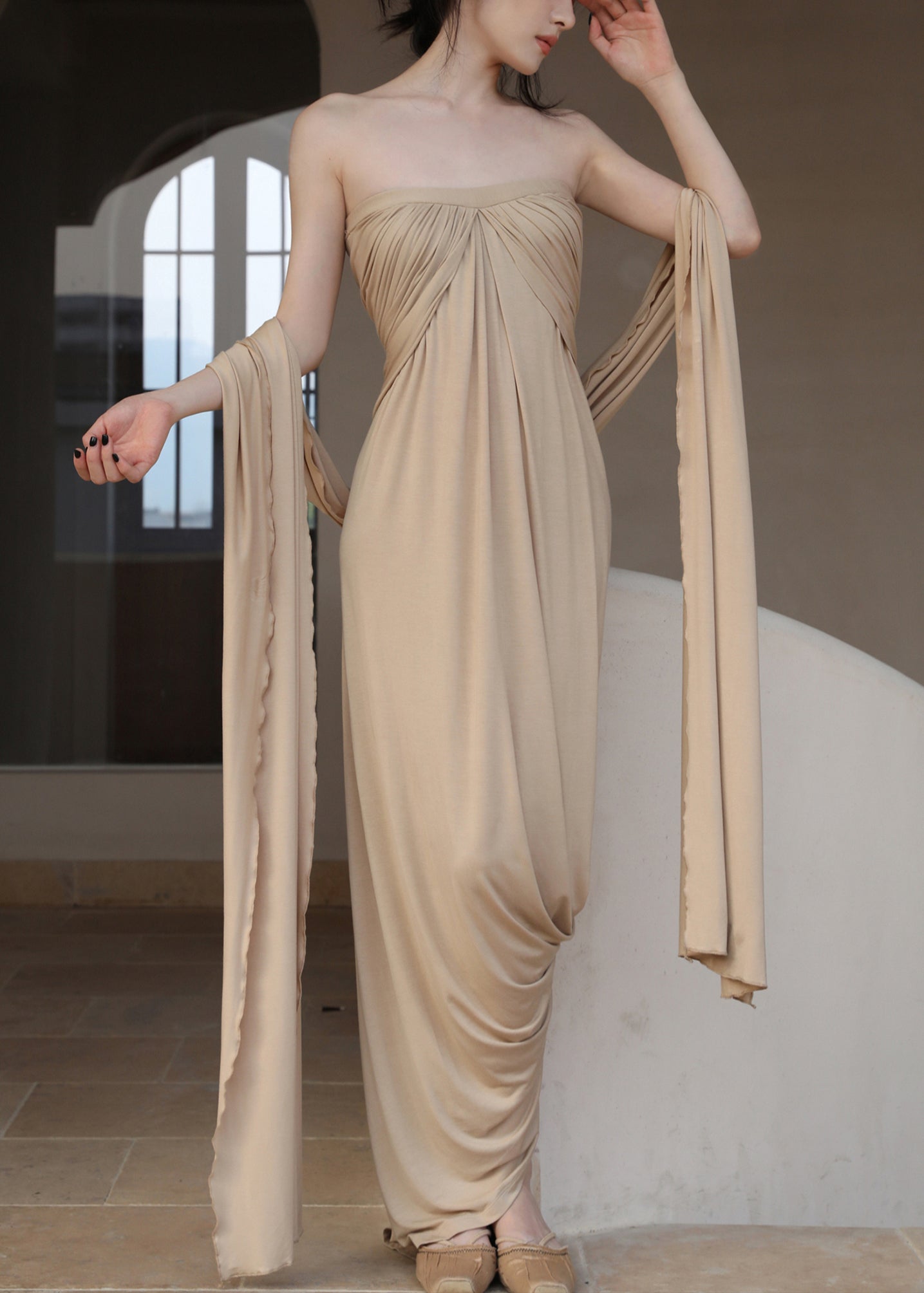 Off French Wrinkled Shoulder Dresses Cotton Khaki Long The