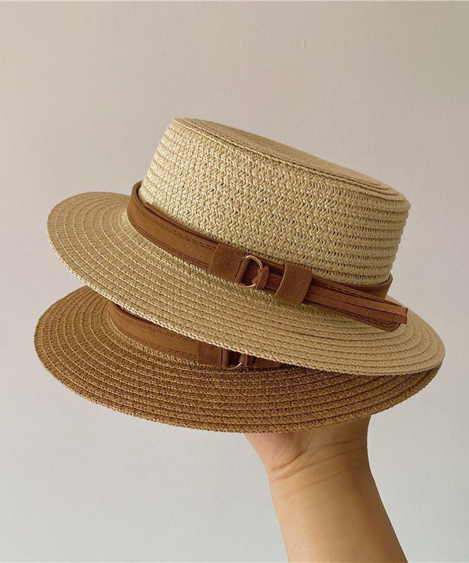 Flat Sun French Hat Straw Cloche Khaki Woven Top
