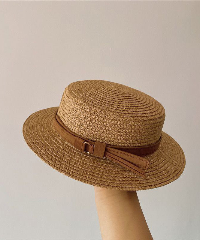 Flat Sun French Hat Straw Cloche Khaki Woven Top