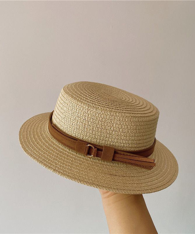 Flat Sun French Hat Straw Cloche Khaki Woven Top