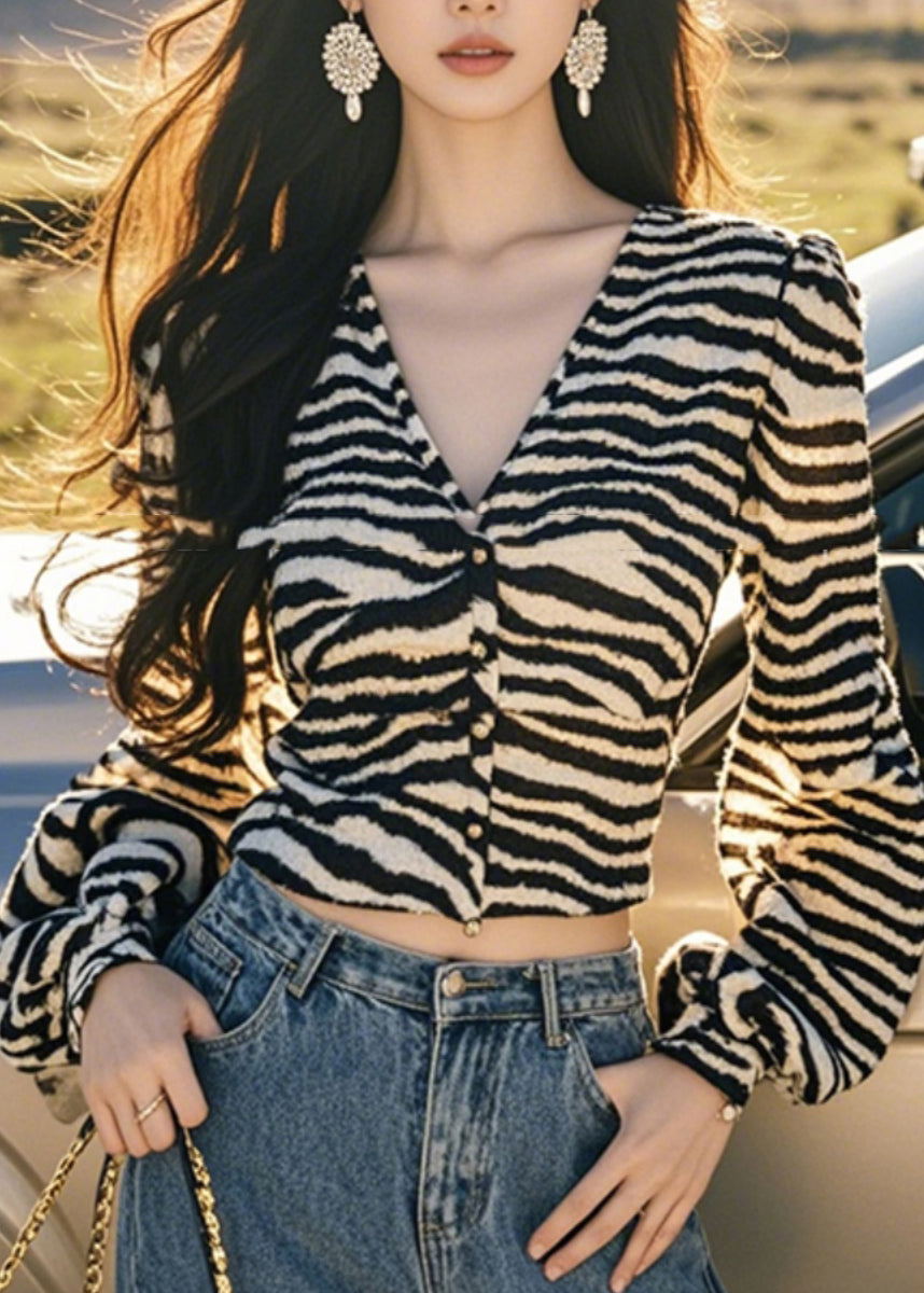 Lantern V Button Leopard French Sleeve Tops Neck