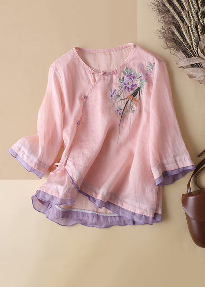 French Linen Embroidered Button Cotton Blouses Half Sleeve JH023