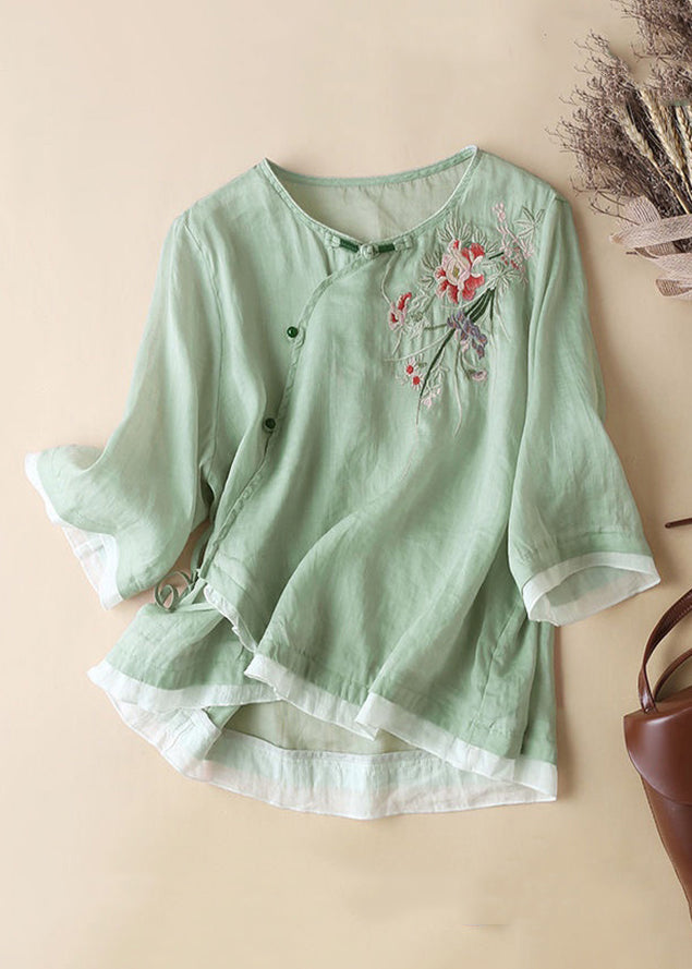 French Linen Embroidered Button Cotton Blouses Half Sleeve JH023