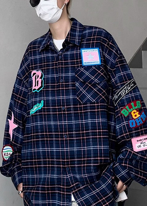 Navy Pockets Plaid Men Spring Shirt French Cotton