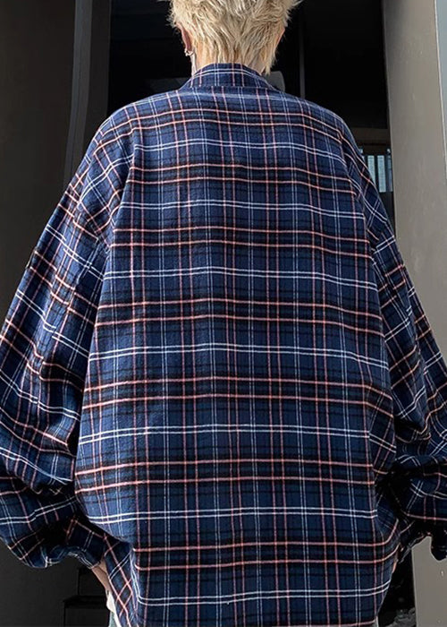 Navy Pockets Plaid Men Spring Shirt French Cotton
