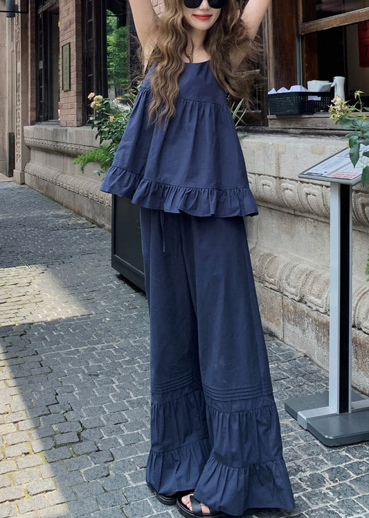 Französisches Marineblaues Rüschenoberteil und ausgestellte Hose, zweiteiliges Set aus Baumwolle, ärmellos, AW1011