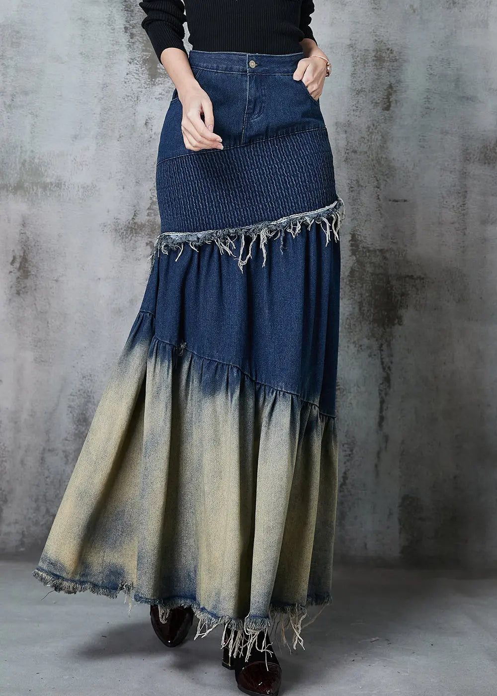 French Navy Silm Fit Patchwork Gradient Color Denim Skirt Spring Ada Fashion