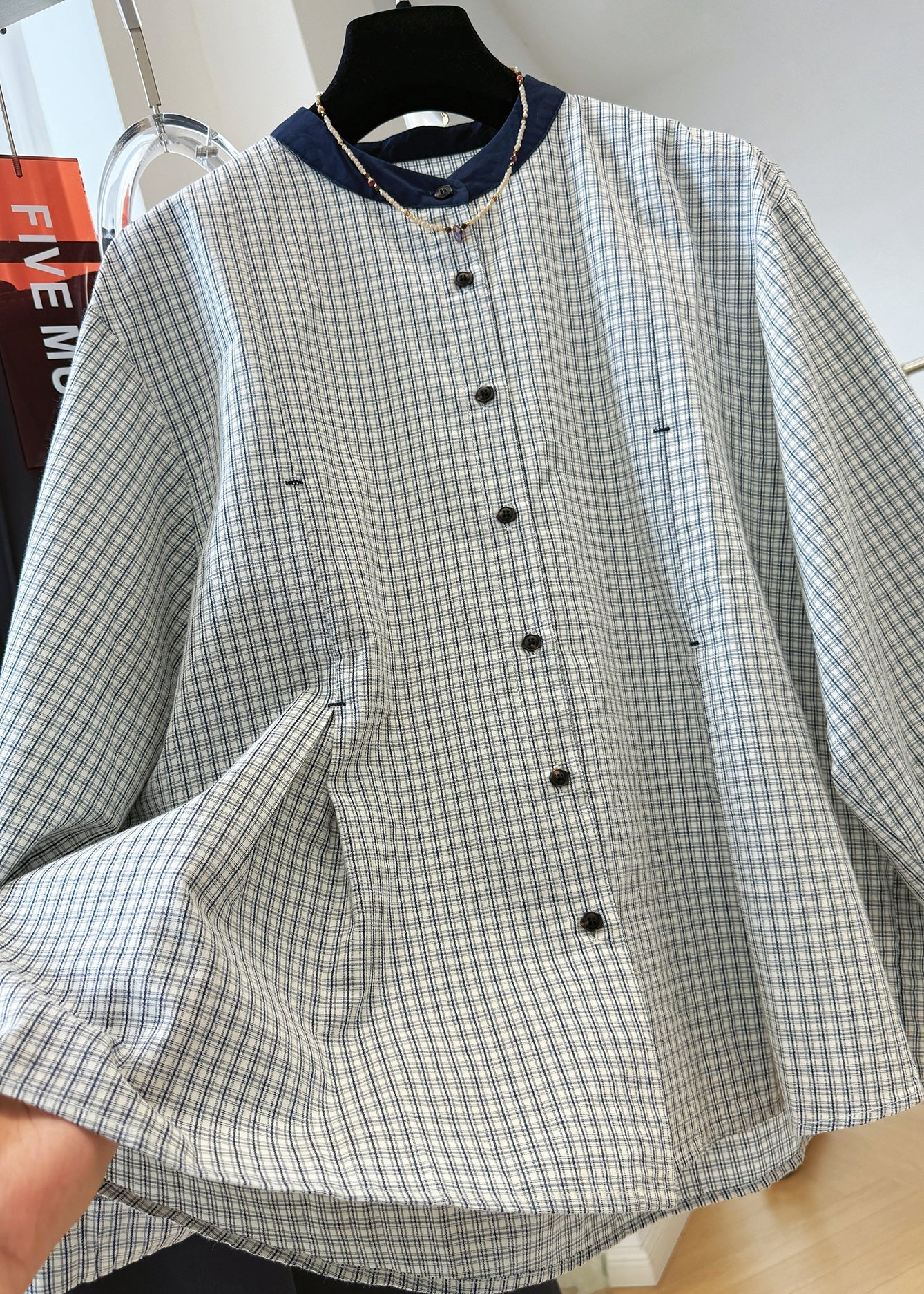 Plaid Neck O Button French Cotton Shirts Top Fall