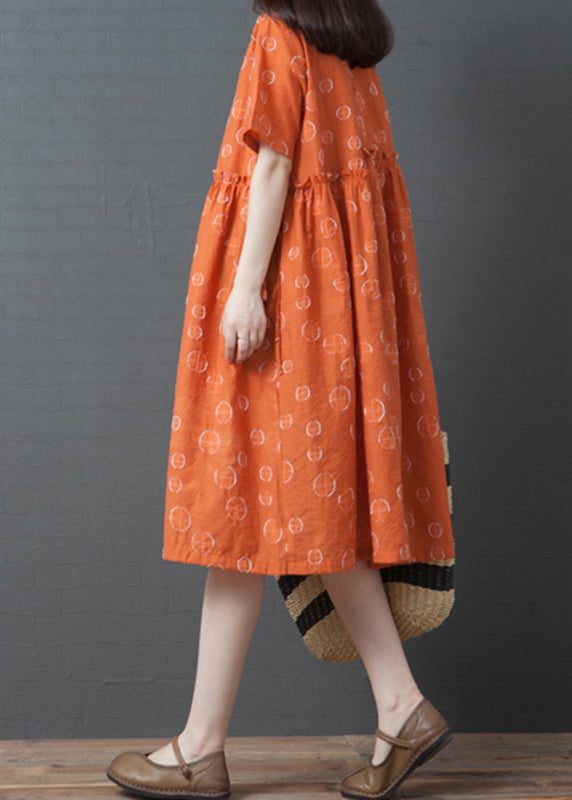 Robe longue à pois orange à manches courtes VB1028