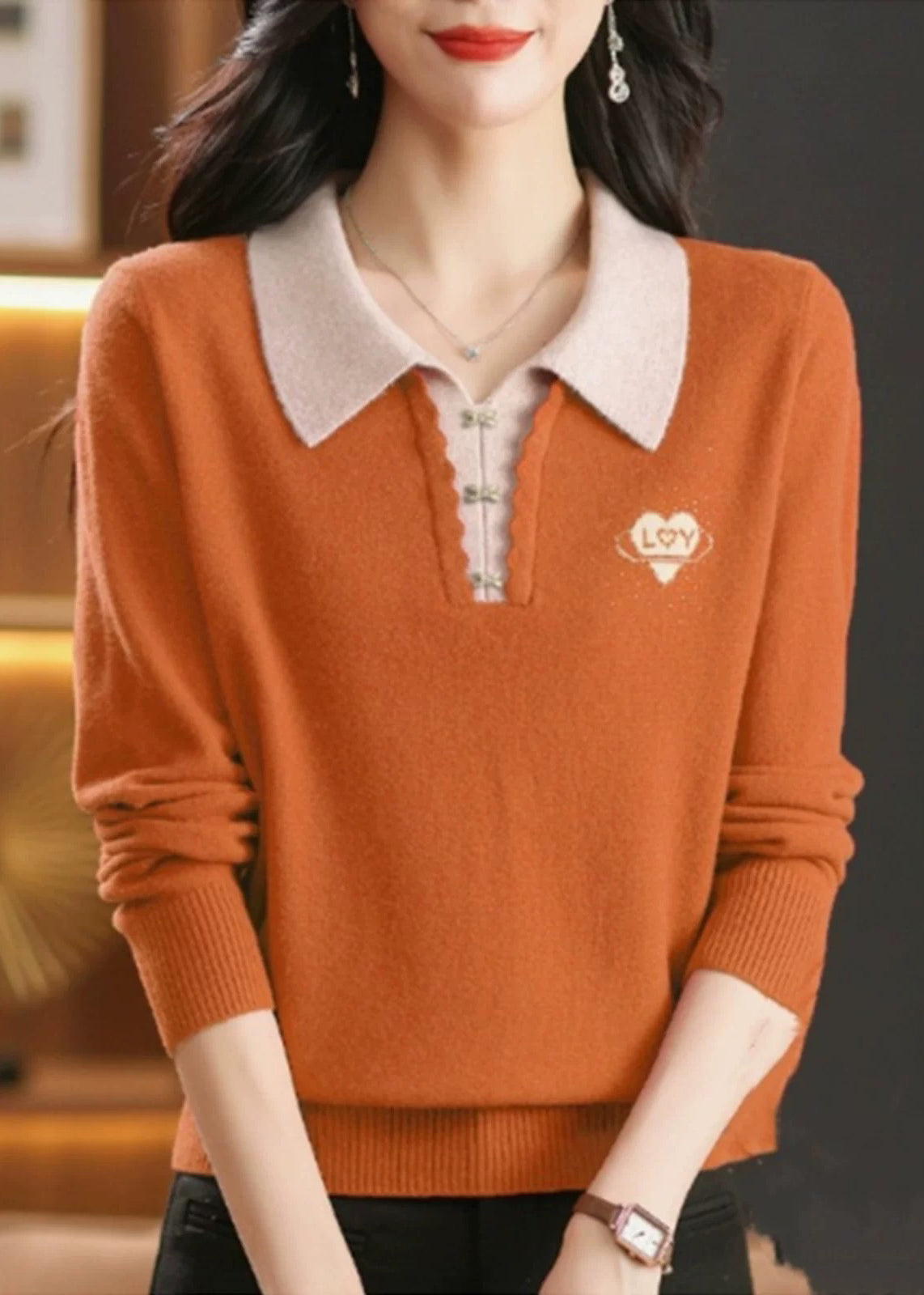 French Orange Peter Pan Collar Zircon Wool Knit Sweaters Winter ER013