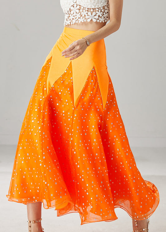 French Orange Silm Fit Patchwork Zircon Tulle Skirts Spring YU1034