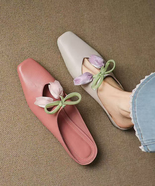 Leather Slide Cowhide Floral French Sandals Pink Splicing