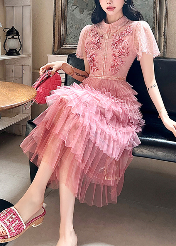 Robe d'été en tulle patchwork à volants brodée rose française ZL041