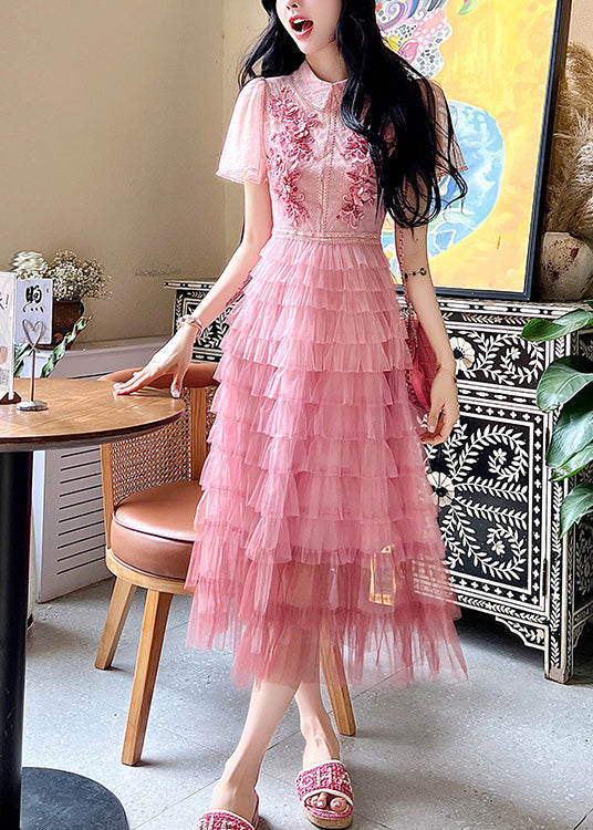 Robe d'été en tulle patchwork à volants brodée rose française ZL041